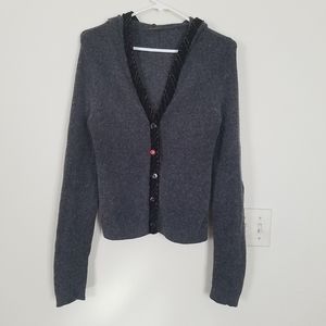 Free People Gray Button Hoodie Angora Wool Blend Elbow Patches Sweater Sz Small